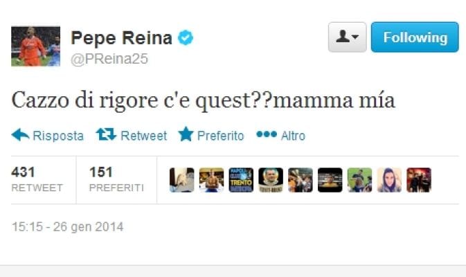 Serie A, Reina e il penalty alla Roma: «Ma che c... di rigore è?»