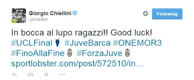 Chiellini carica la Juventus: «In bocca al lupo ragazzi!»