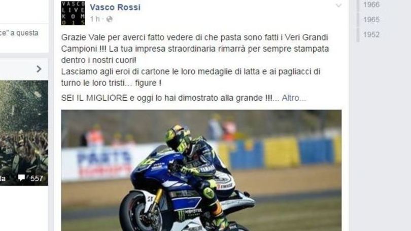 MotoGp, Vasco Rossi al 'Dottore': «Sei il migliore, gli altri pagliacci»