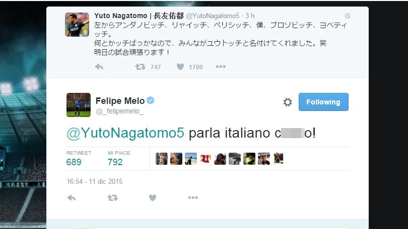 Nagatomo, tweet in giapponese. Felipe Melo: «Parla italiano c...o»