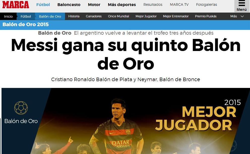 Messi Pallone d'Oro: le prime pagine dei siti esteri