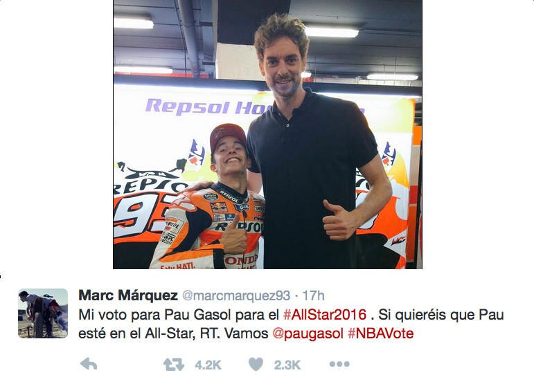 MotoGp, Marquez vota Pau Gasol per l'All Star Game