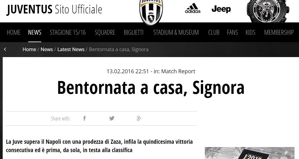 Serie A Juventus, «Bentornata a casa, Signora»