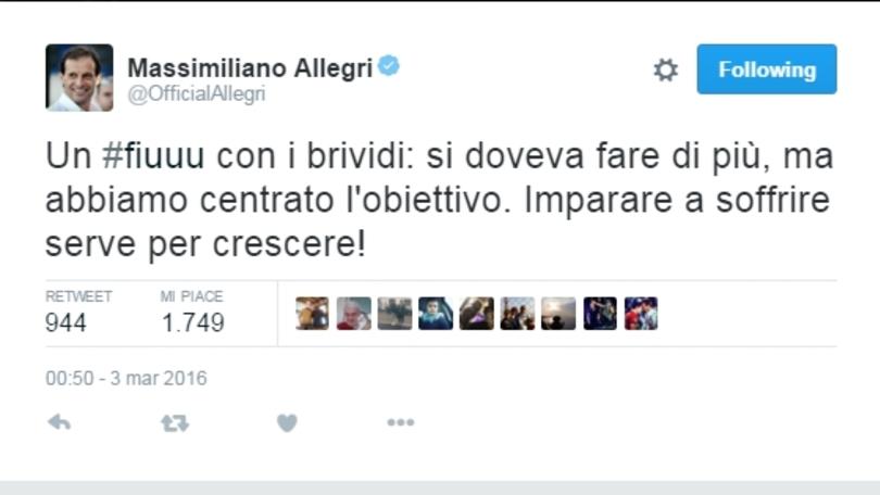 Inter-Juventus, il #fiuuu con i brividi di Allegri e le reazioni social dei bianconeri
