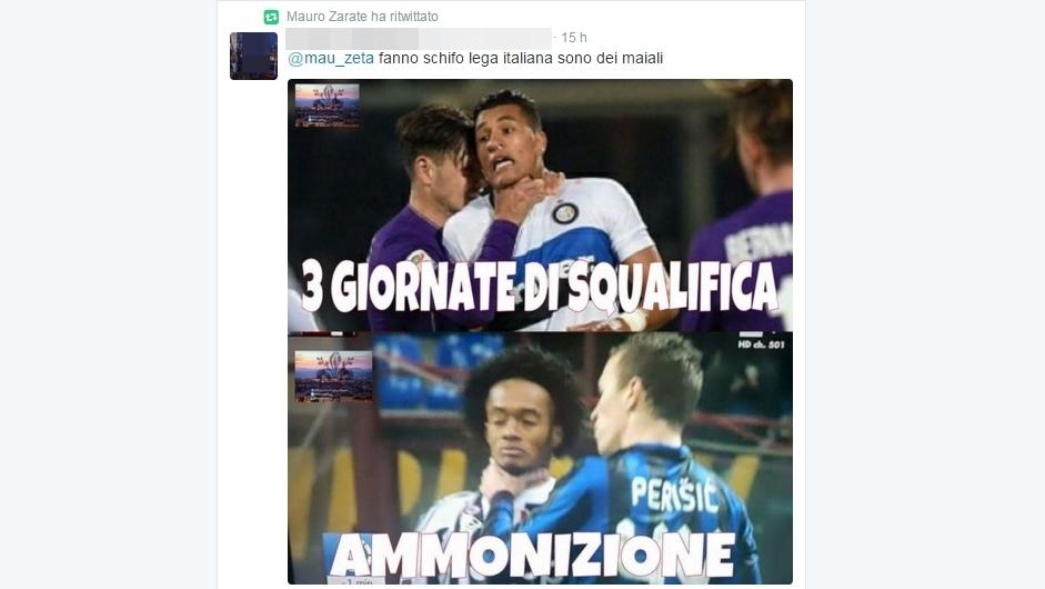 Fiorentina, Zarate ritwitta insulti alla Lega: «Maiali»