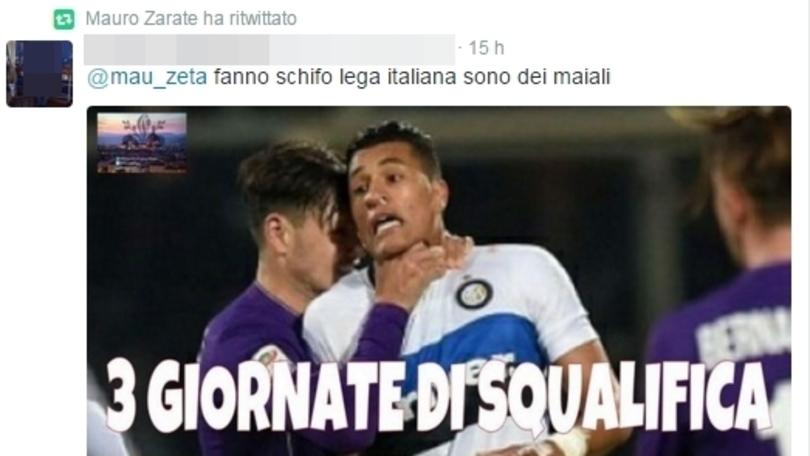 Fiorentina, Zarate ritwitta insulti alla Lega: «Maiali»