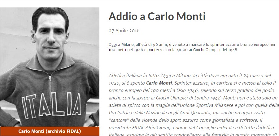 Atletica, addio a Carlo Monti