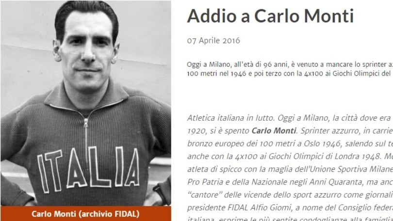 Atletica, addio a Carlo Monti