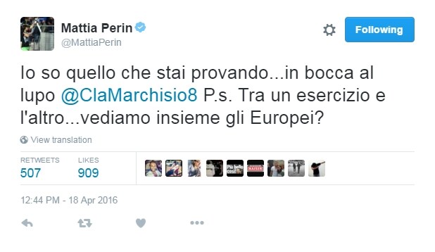 Perin a Marchisio: «In bocca al lupo. Ci vediamo insieme gli Europei?»