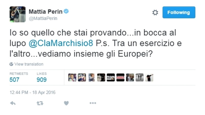 Perin a Marchisio: «In bocca al lupo. Ci vediamo insieme gli Europei?»