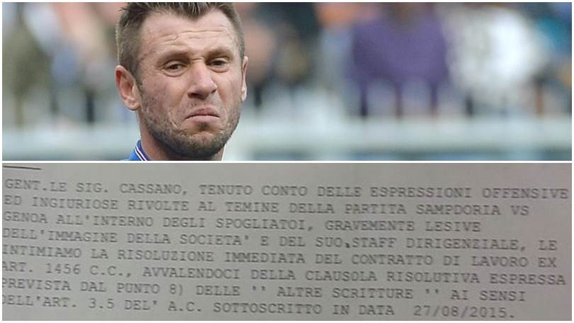 «La Sampdoria intima a Cassano la rescissione». E spunta il telegramma