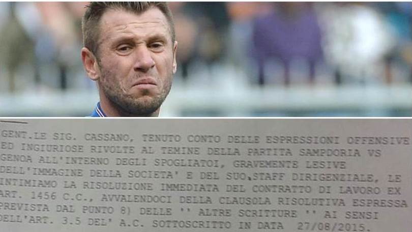 «La Sampdoria intima a Cassano la rescissione». E spunta il telegramma