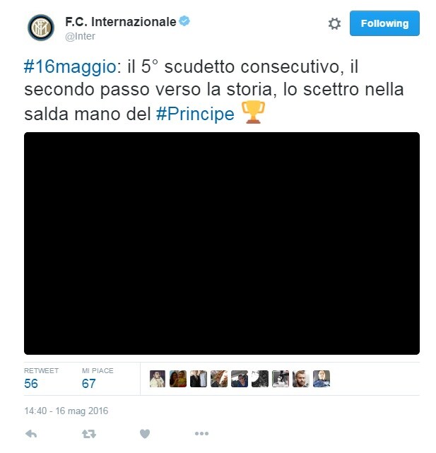 Inter, festa su Twitter per il "quinto scudetto consecutivo"