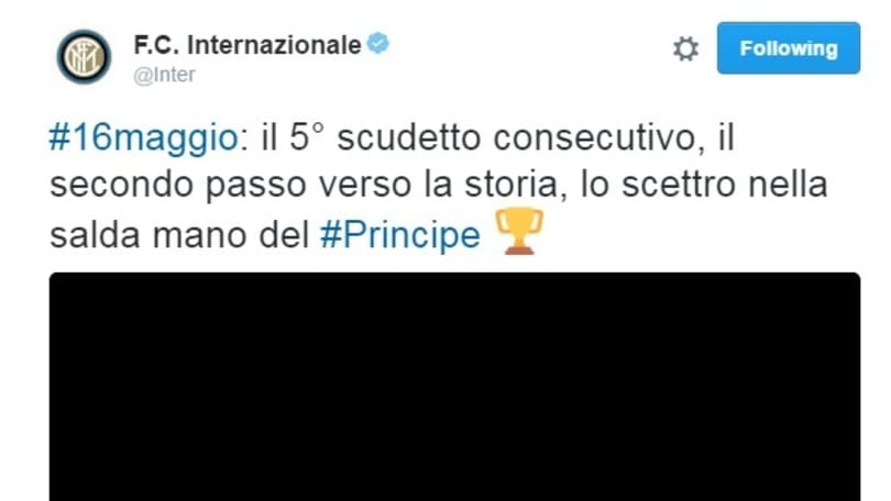 Inter, festa su Twitter per il "quinto scudetto consecutivo"