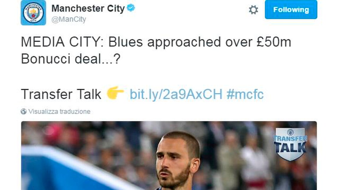 Calciomercato, il Manchester City ci prova: «Juve, per Bonucci pronti 60 milioni»