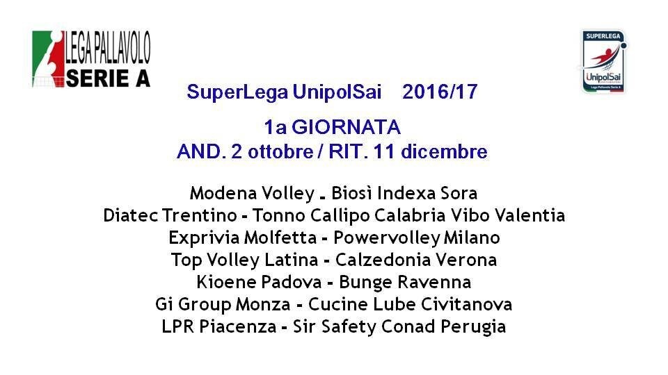Il calendario 2016/17 di Superlega A1