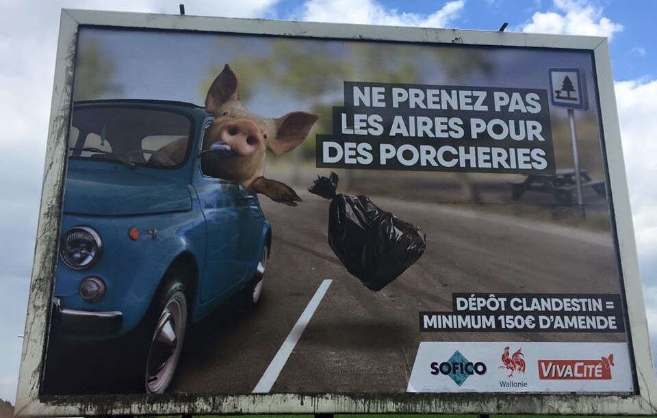 Un maiale tira immondizia dalla Fiat 500, parte la polemica con il Belgio