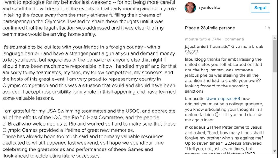 Rio 2016, le scuse di Lochte: «Io responsabile ma ho imparato la lezione»