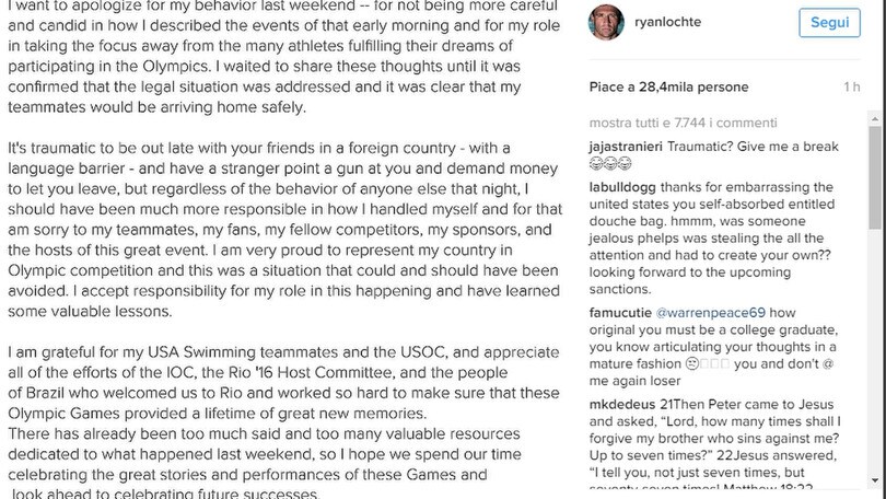 Rio 2016, le scuse di Lochte: «Io responsabile ma ho imparato la lezione»