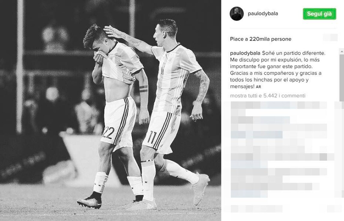 Argentina, Dybala: «Chiedo scusa per l'espulsione»
