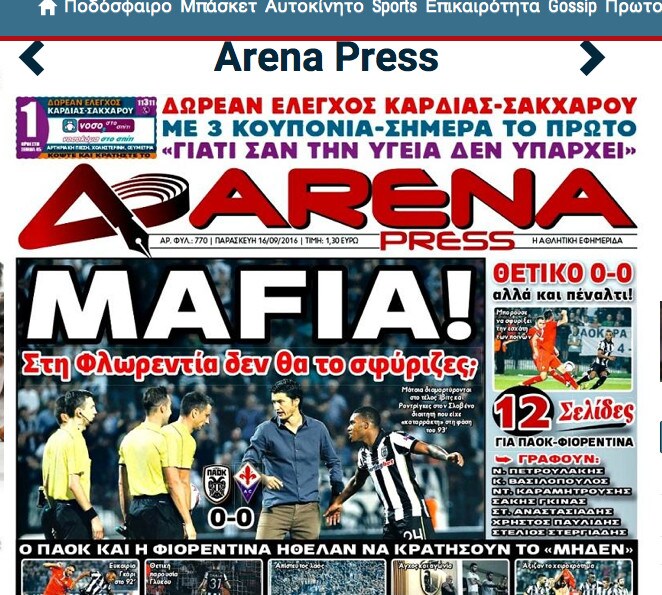 Europa League Paok-Fiorentina, «Mafia» sul titolo del giornale greco