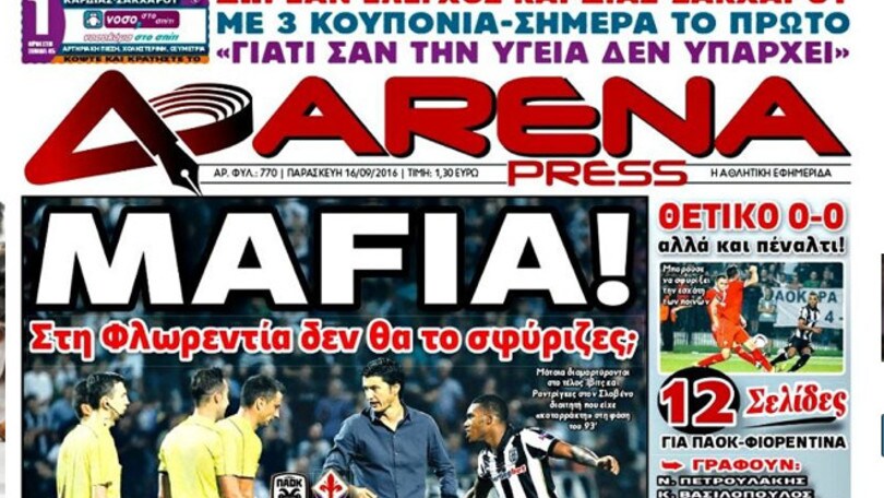 Europa League Paok-Fiorentina, «Mafia» sul titolo del giornale greco