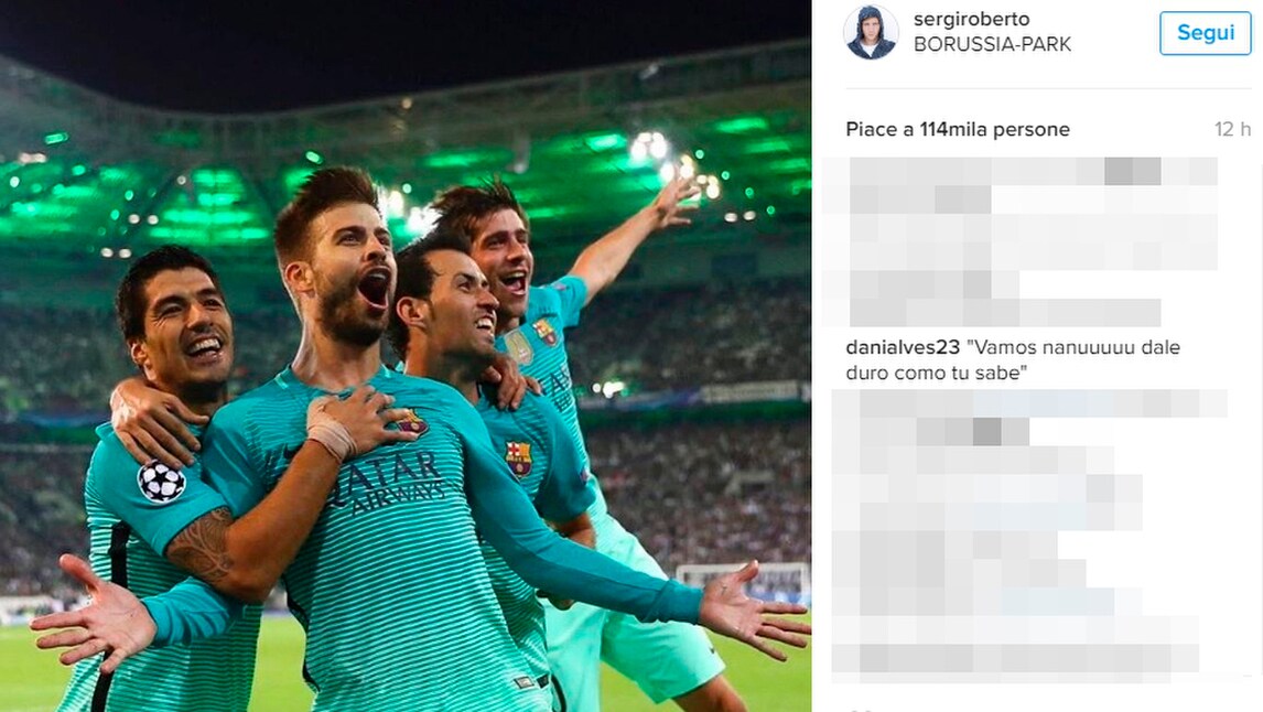 Sergi Roberto esulta per il Barça, Dani Alves si accoda