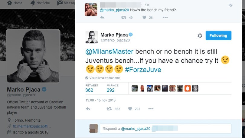 Juventus, Pjaca al milanista: «C'è panchina e panchina»