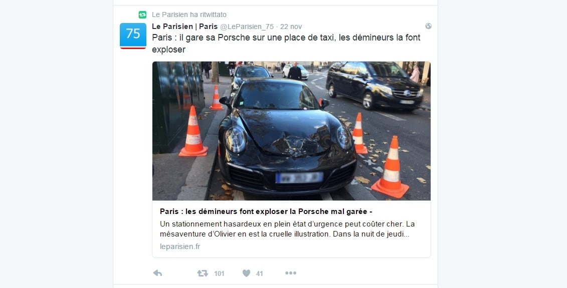 Parigi, lascia la Porsche in doppia fila e la polizia la fa esplodere