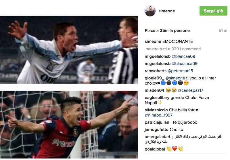 Simeone sr festeggia: «Emozionante». Gol alla Juventus, tale padre tale figlio