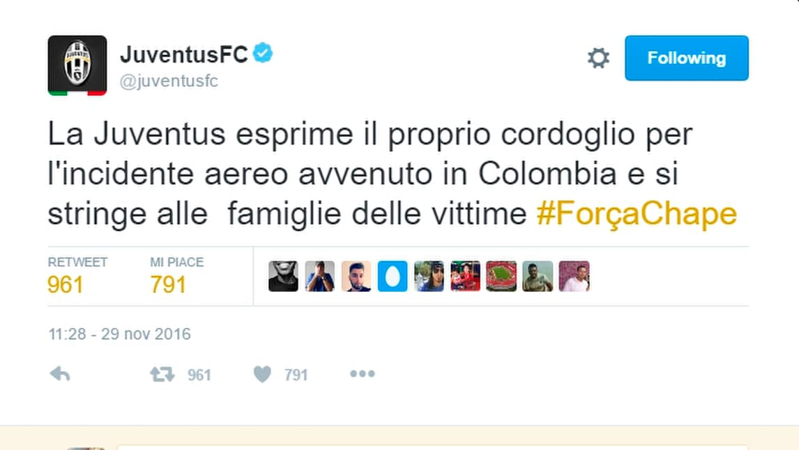 Dramma Chapecoense, la solidarietà del mondo del calcio
