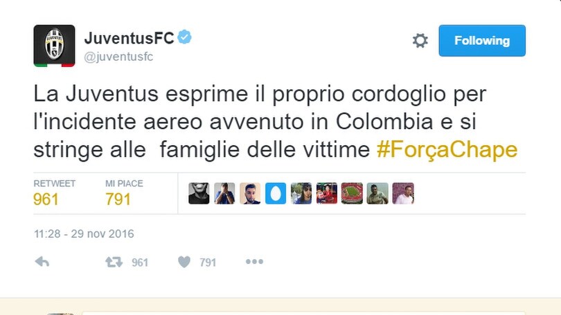 Dramma Chapecoense, la solidarietà del mondo del calcio