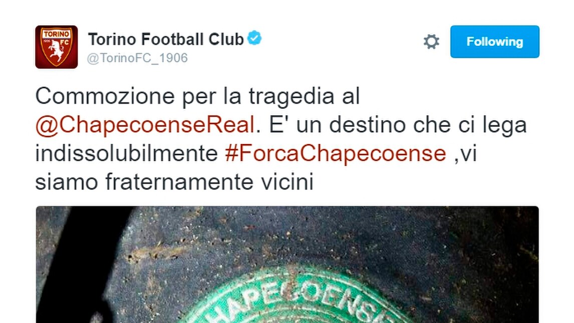 Il commovente tweet del Torino: «Chapecoense, un destino che ci lega»