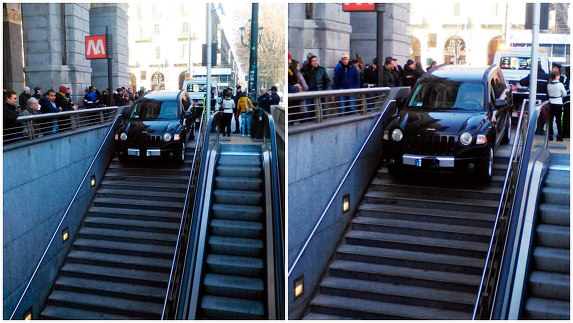 Scambia la metro per un parcheggio e l'auto si incastra
