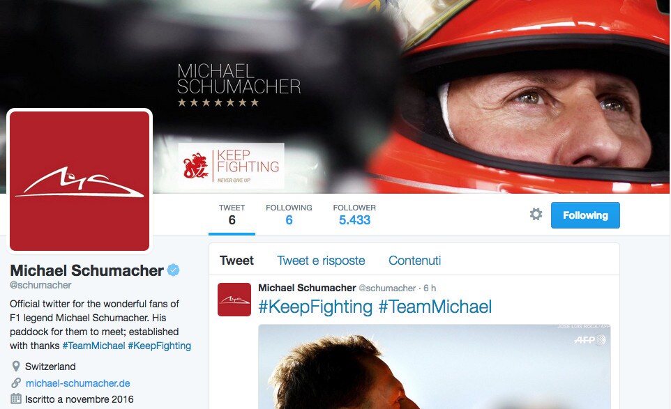 «Continua a combattere». Schumacher "corre" su Twitter
