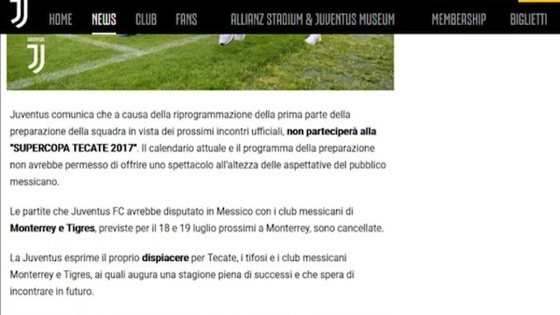 Juventus, salta la tournée in Messico e la Supercoppa Tecate 2017