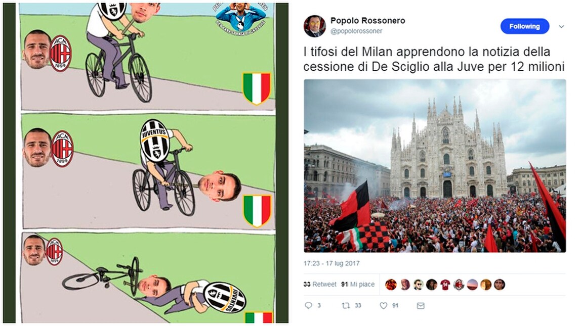 Juventus-De Sciglio: tifosi del Milan contenti, divisi quelli bianconeri