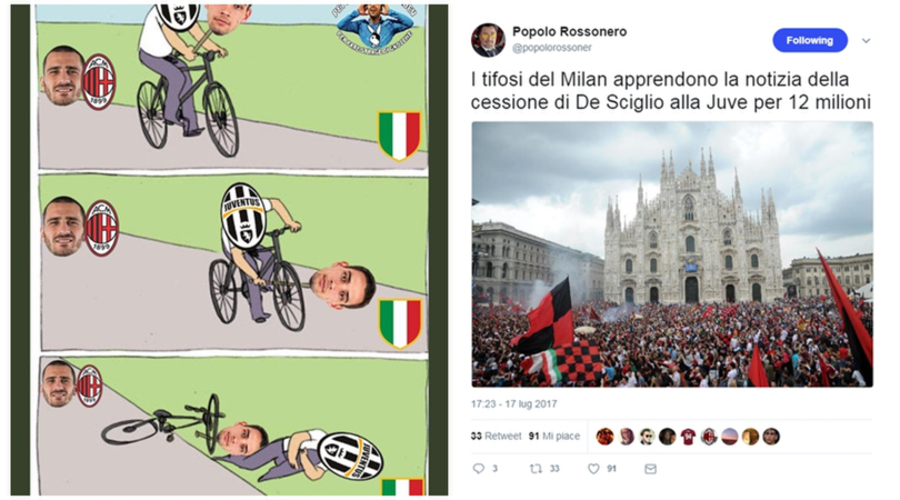 Juventus-De Sciglio: tifosi del Milan contenti, divisi quelli bianconeri