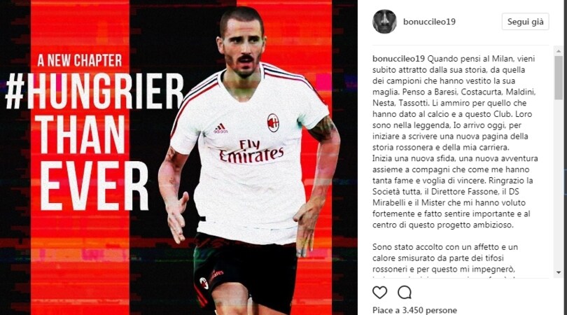 Bonucci su Instagram: «Attratto dalla storia del Milan»