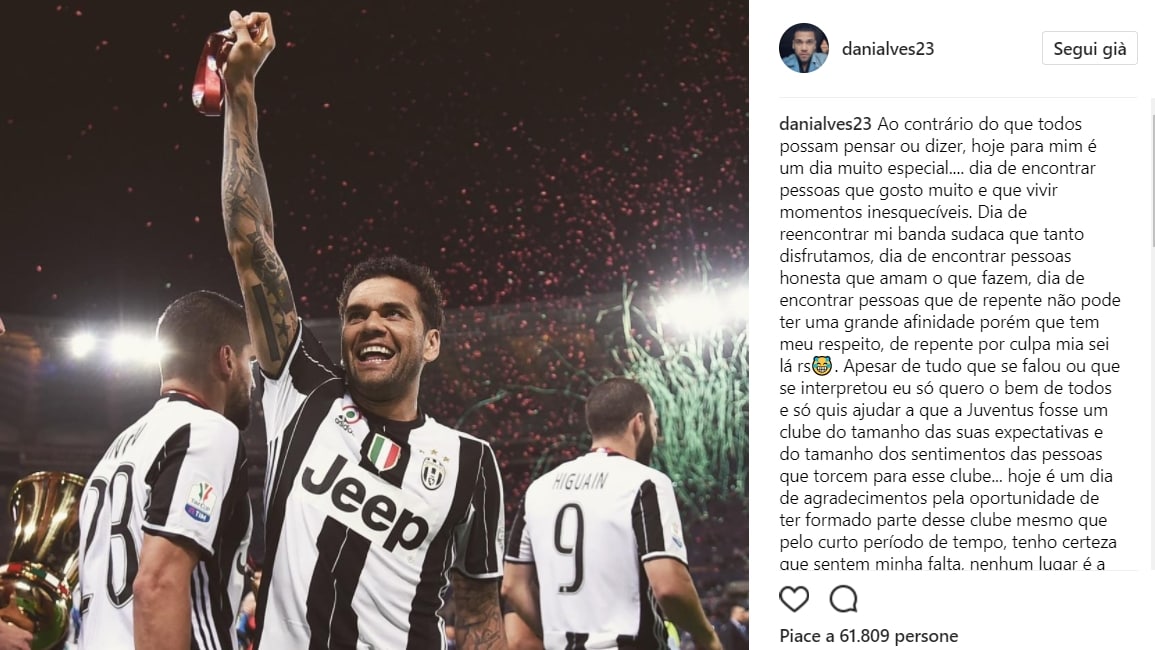 Dani Alves: «Alla Juventus sentiranno la mia mancanza»