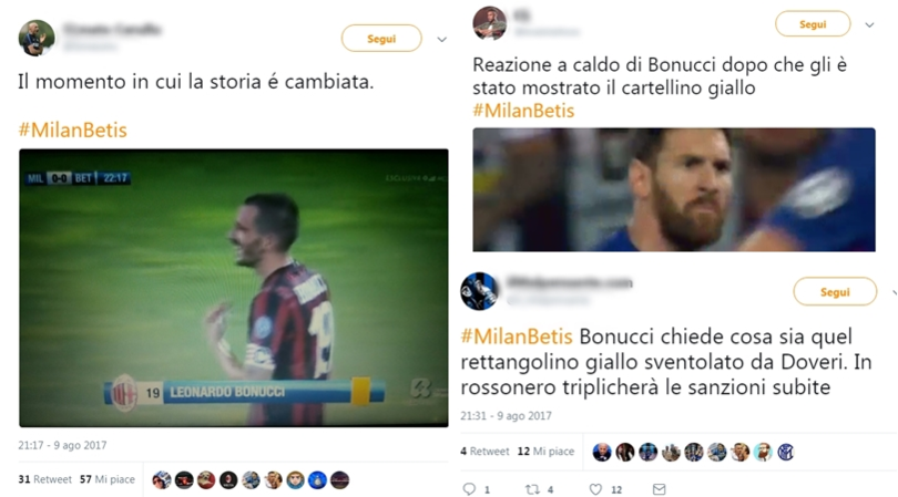 Bonucci, primo giallo in rossonero: i social non perdonano