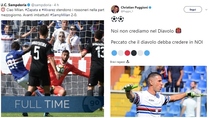 Apoteosi Sampdoria. E Puggioni "sbeffeggia" il Milan sui social
