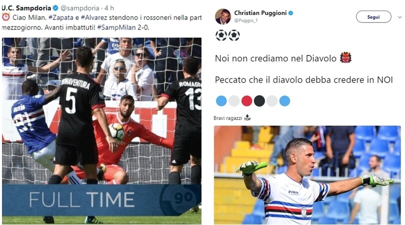 Apoteosi Sampdoria. E Puggioni "sbeffeggia" il Milan sui social