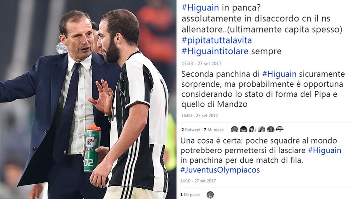 Juventus-Olympiacos, Higuain in panchina: i tifosi si dividono