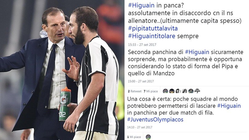 Juventus-Olympiacos, Higuain in panchina: i tifosi si dividono