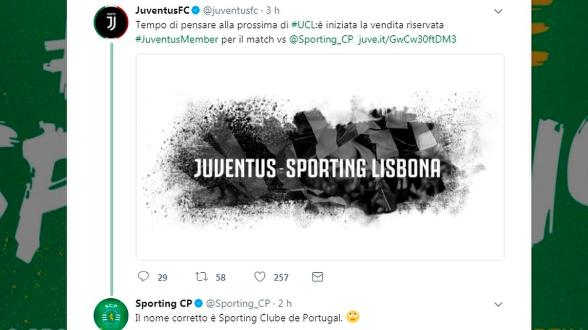 Champions League, lo Sporting corregge la Juventus su Twitter