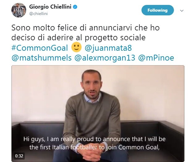 Juventus, Chiellini aderisce a Common Goal: l'1% dell'ingaggio in beneficenza