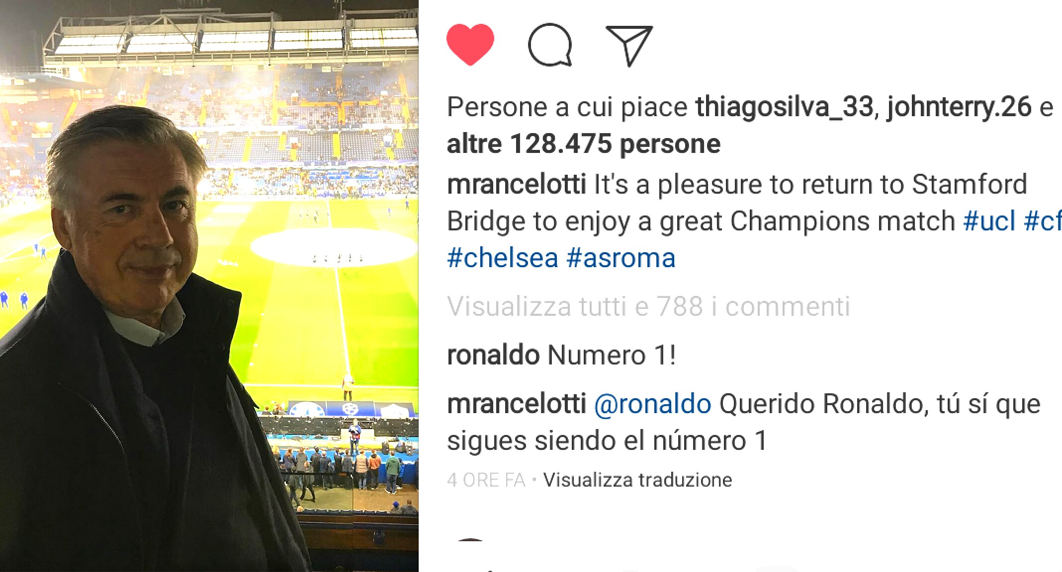 Ancelotti vede Chelsea-Roma. Ronaldo lo incensa, Matthaus lo attacca e i tifosi della Juventus...