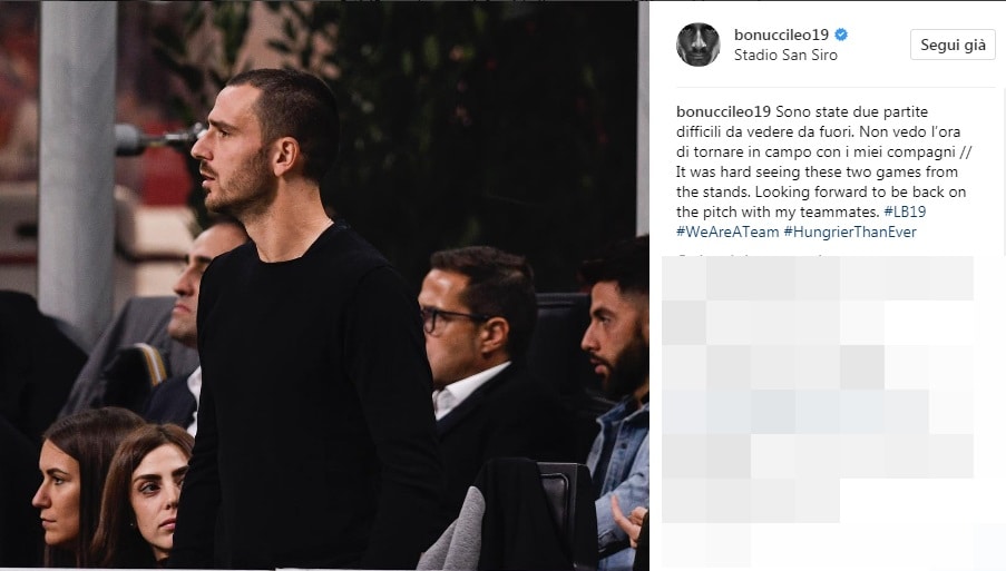 Bonucci: «Difficile vedere da fuori. Non vedo l'ora di tornare in campo»