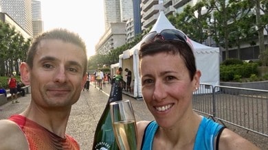 Emanuele Manzi e Valentina Belotti al via dell'Allianz Vertical Run
